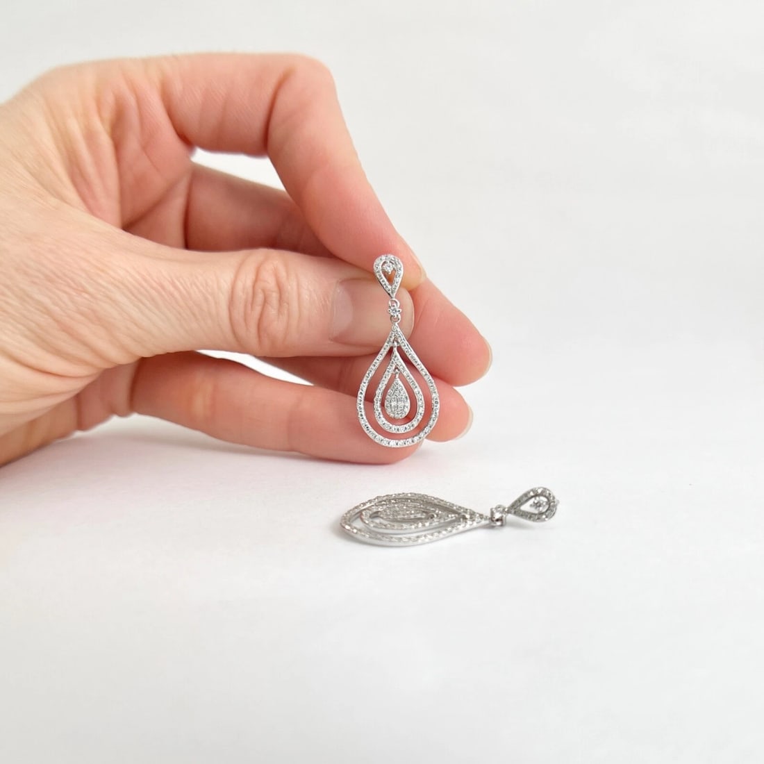 Pave Diamond Teardrop Halo Dangle Drop Earrings 14K White Gold, .82 CTW - 3