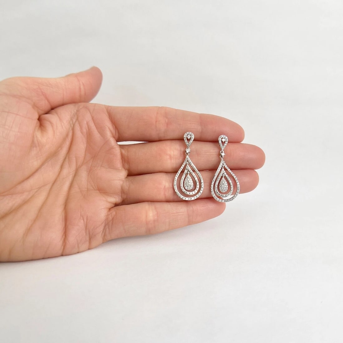 Pave Diamond Teardrop Halo Dangle Drop Earrings 14K White Gold, .82 CTW - 4