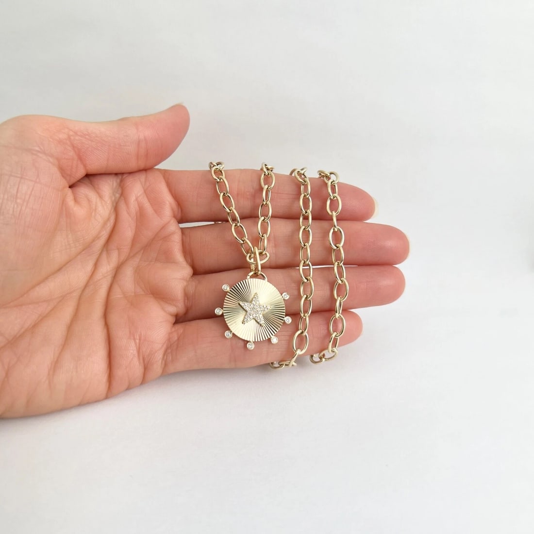 Pave Diamond Star Round Fluted Disc Pendant Necklace 14K Yellow Gold .16 CTW - 2