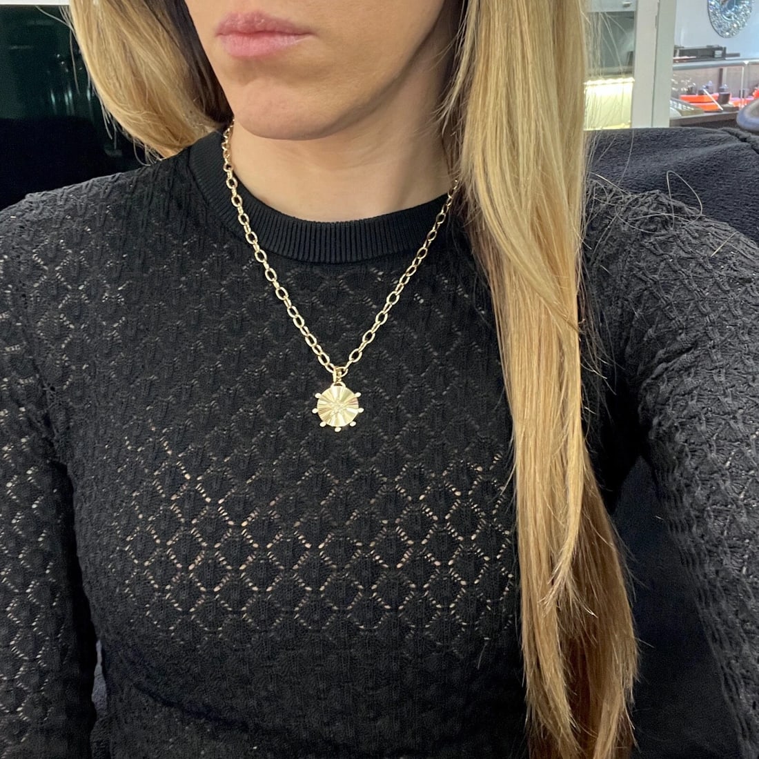 Pave Diamond Star Round Fluted Disc Pendant Necklace 14K Yellow Gold .16 CTW - 4