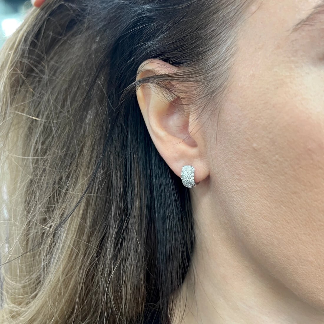 Wide Pave Diamond Small Hoop Huggie Earrings 18K White Gold, .69 CTW - 2