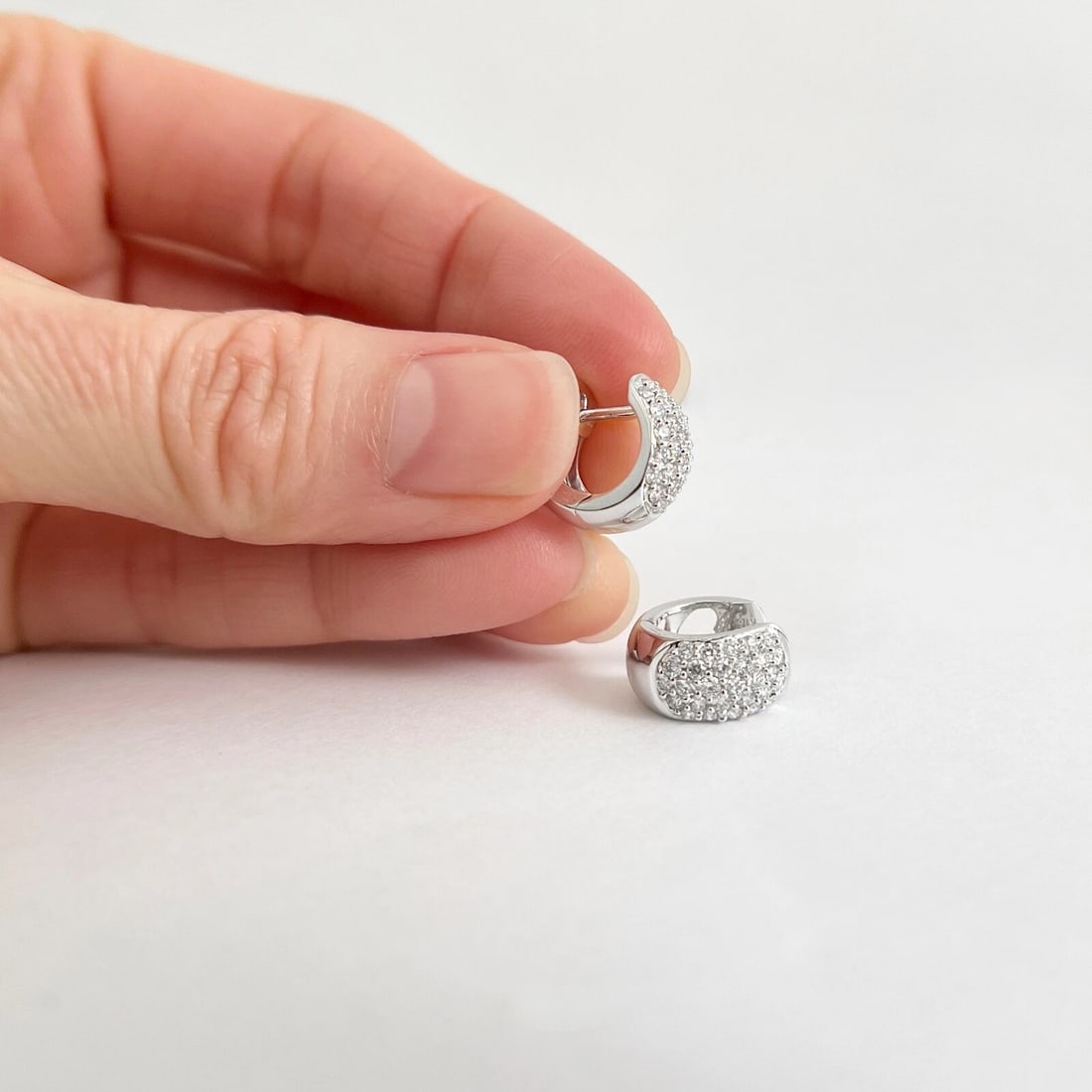 Wide Pave Diamond Small Hoop Huggie Earrings 18K White Gold, .69 CTW - 4