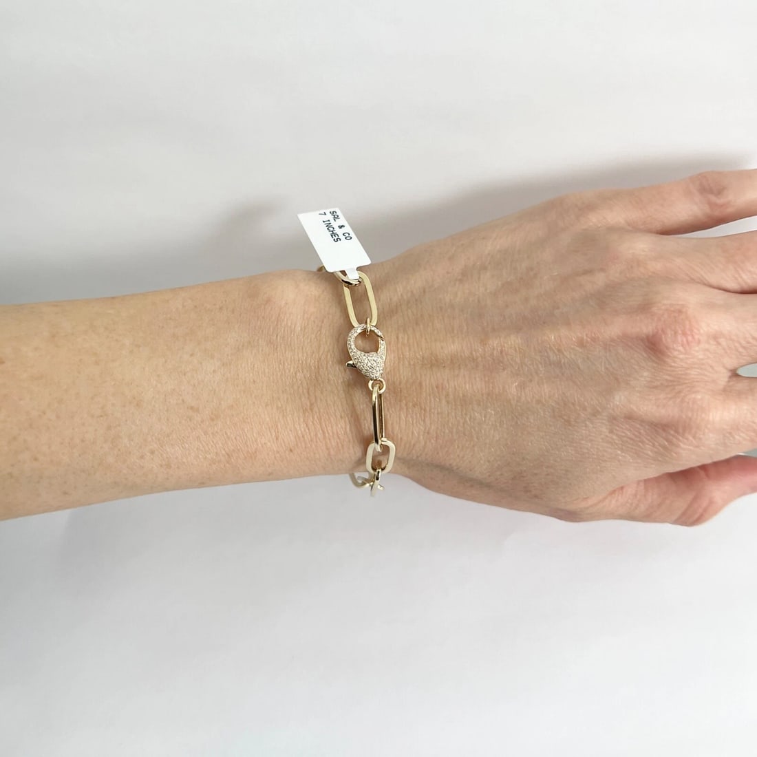 Pave Diamond Clasp Paperclip Chain Link Bracelet 14K Yellow Gold, .15 CTW - 3