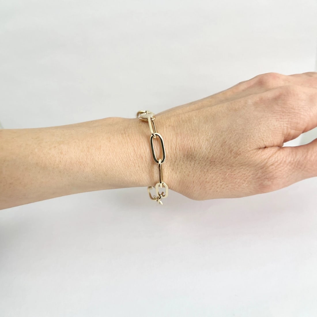 Pave Diamond Clasp Paperclip Chain Link Bracelet 14K Yellow Gold, .15 CTW - 5