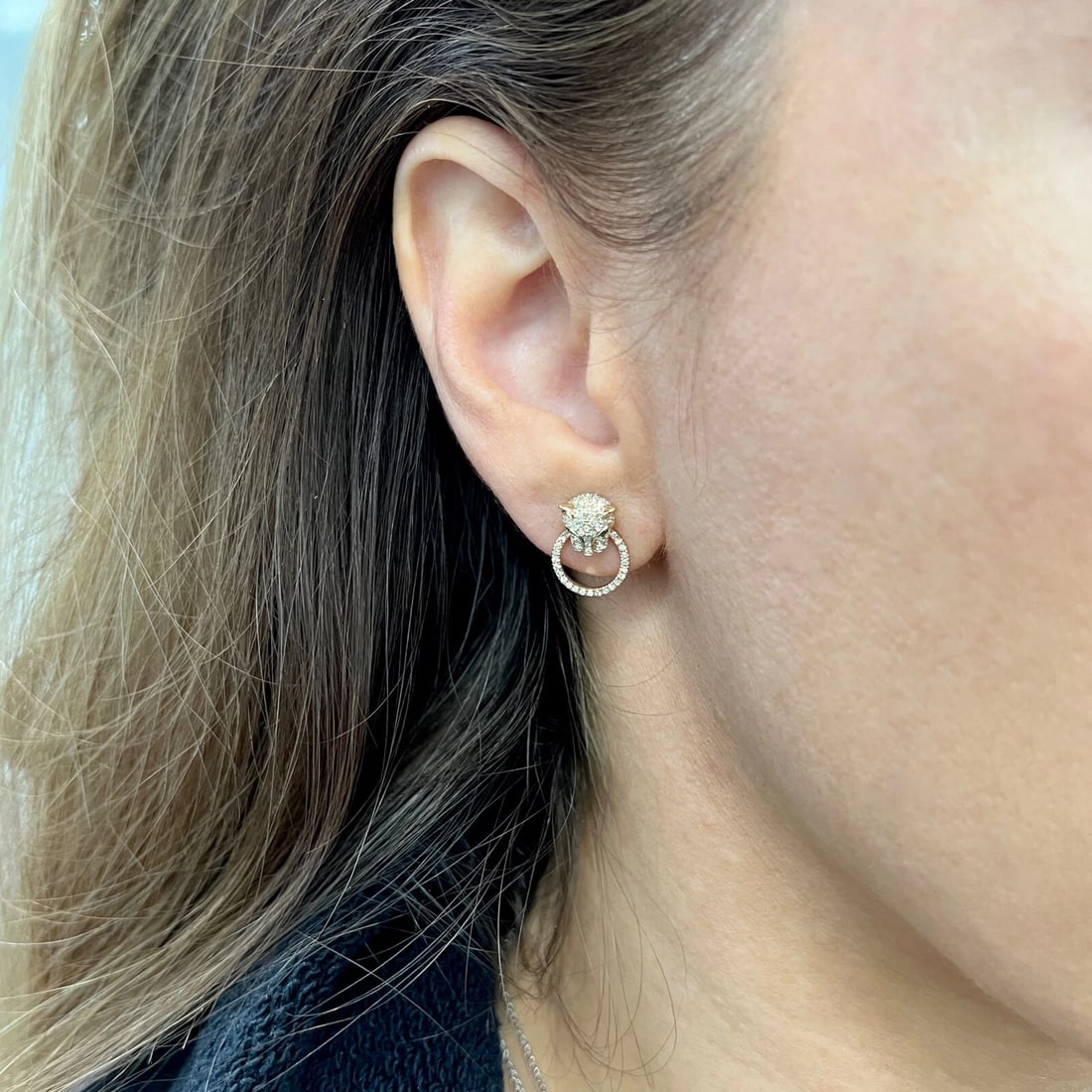 Pave Diamond Emerald Panther Drop Stud Earrings 14K Yellow Gold .57 CTW - 4