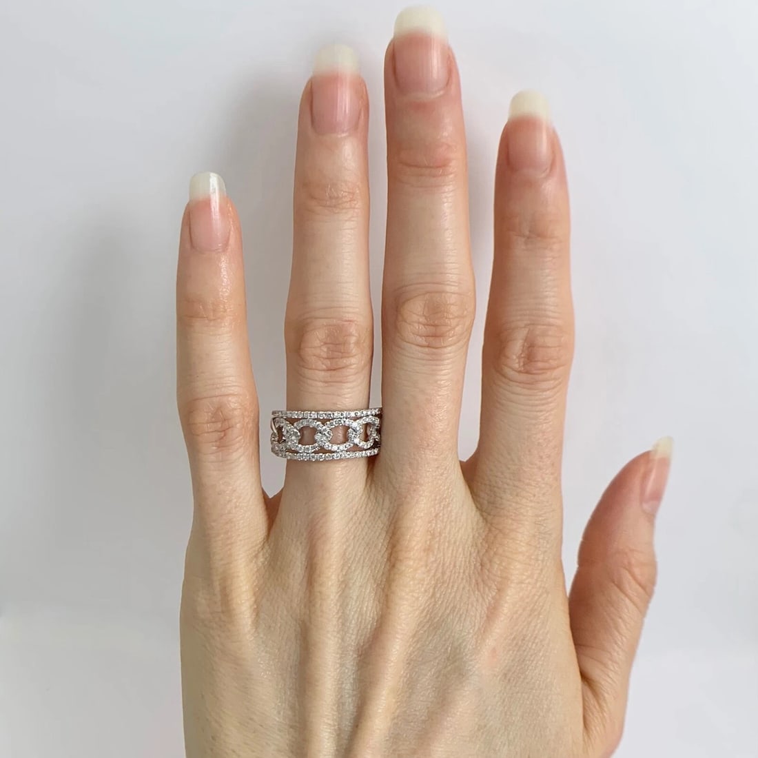 Wide Open Oval Link Pave Diamond Ring Statement Band 14K White Gold, 1.10 CTW - 2