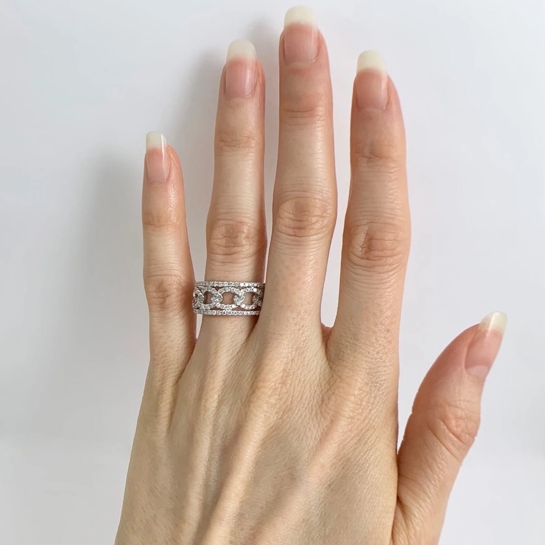 Wide Open Oval Link Pave Diamond Ring Statement Band 14K White Gold, 1.10 CTW - 4