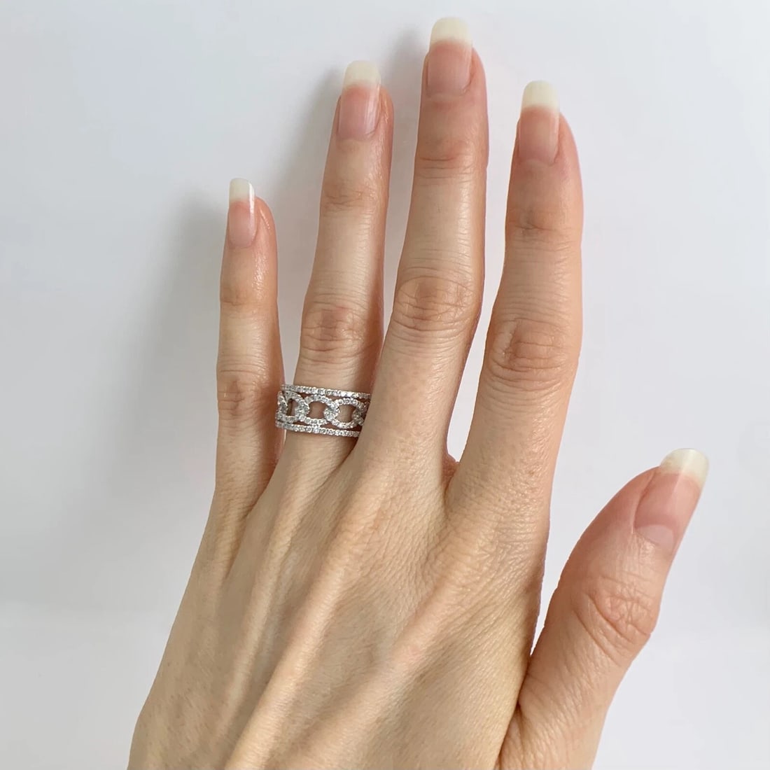 Wide Open Oval Link Pave Diamond Ring Statement Band 14K White Gold, 1.10 CTW - 5