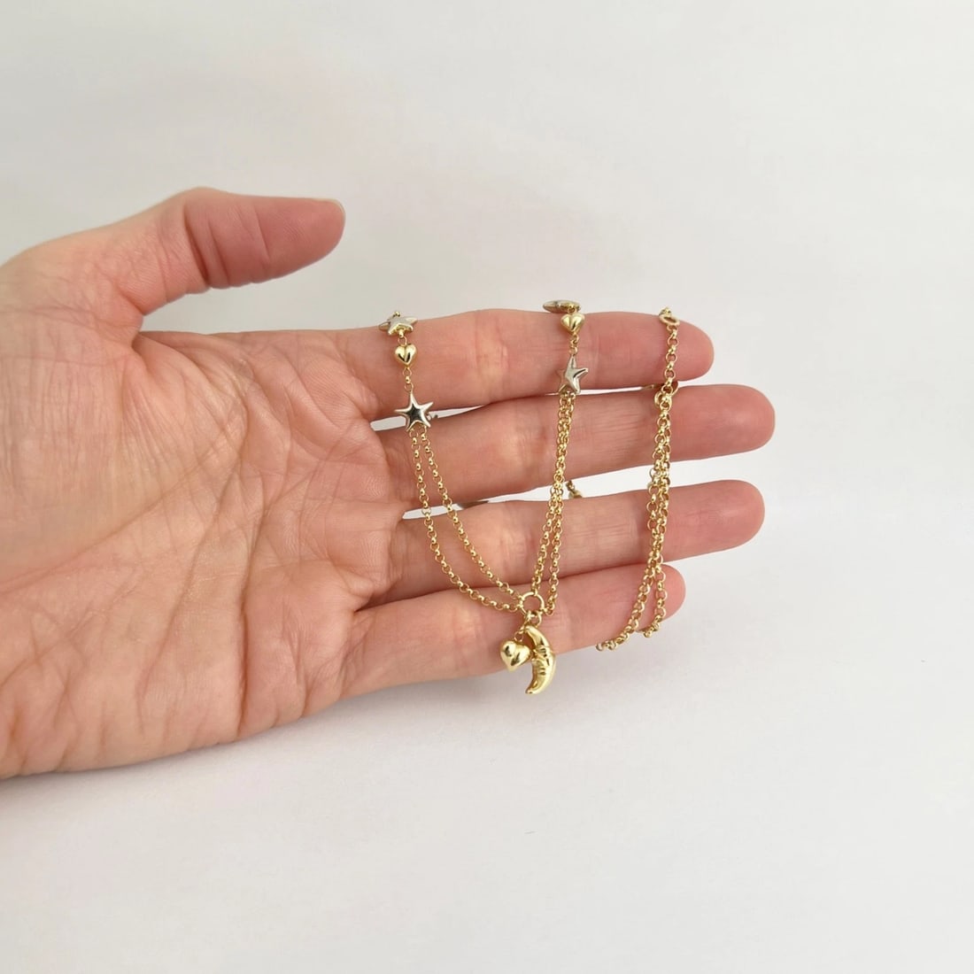 Italian Estate Two-Tone Moon Heart Stars Chain Necklace 14K Yellow Gold, 7.67 Gr - 3