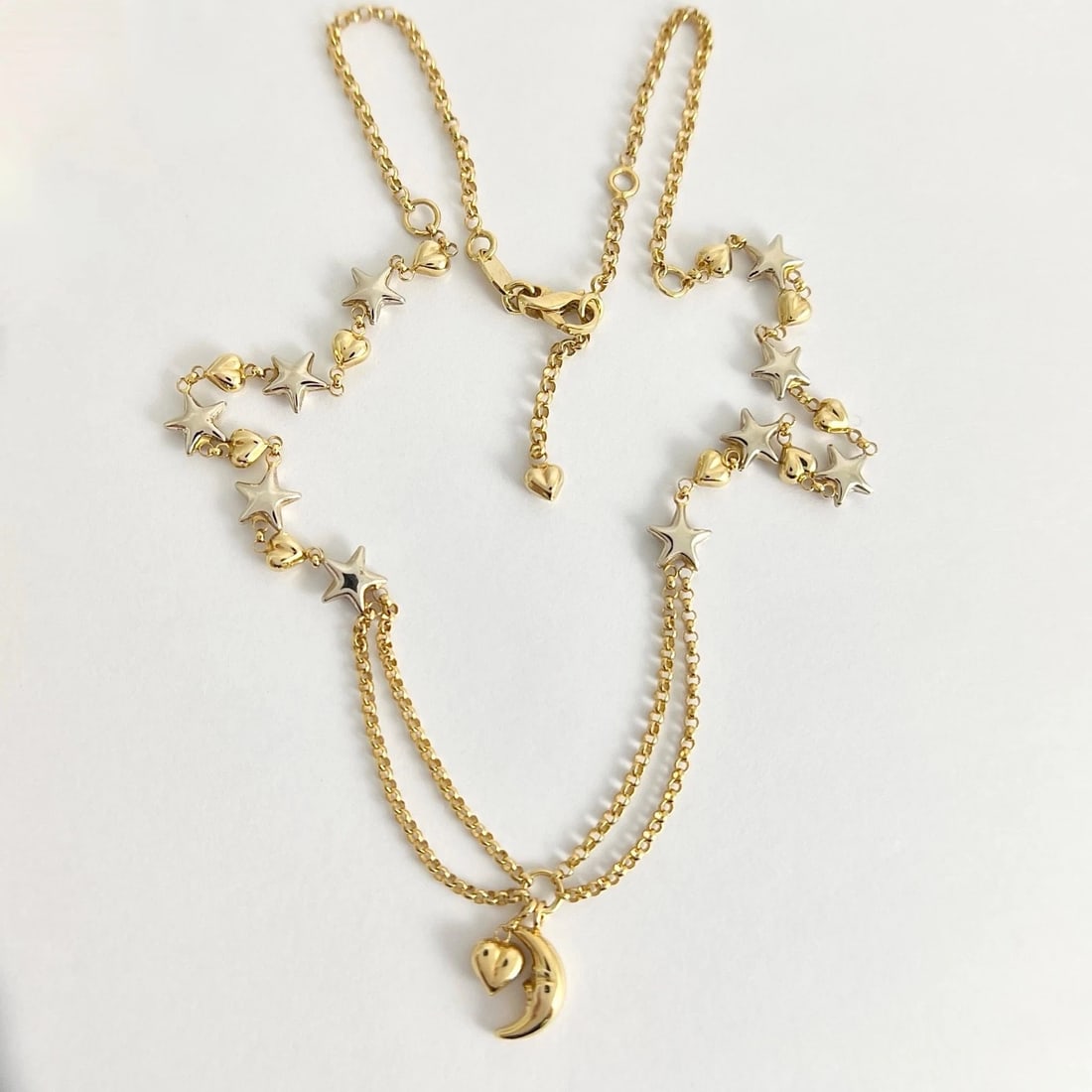 Italian Estate Two-Tone Moon Heart Stars Chain Necklace 14K Yellow Gold, 7.67 Gr - 5