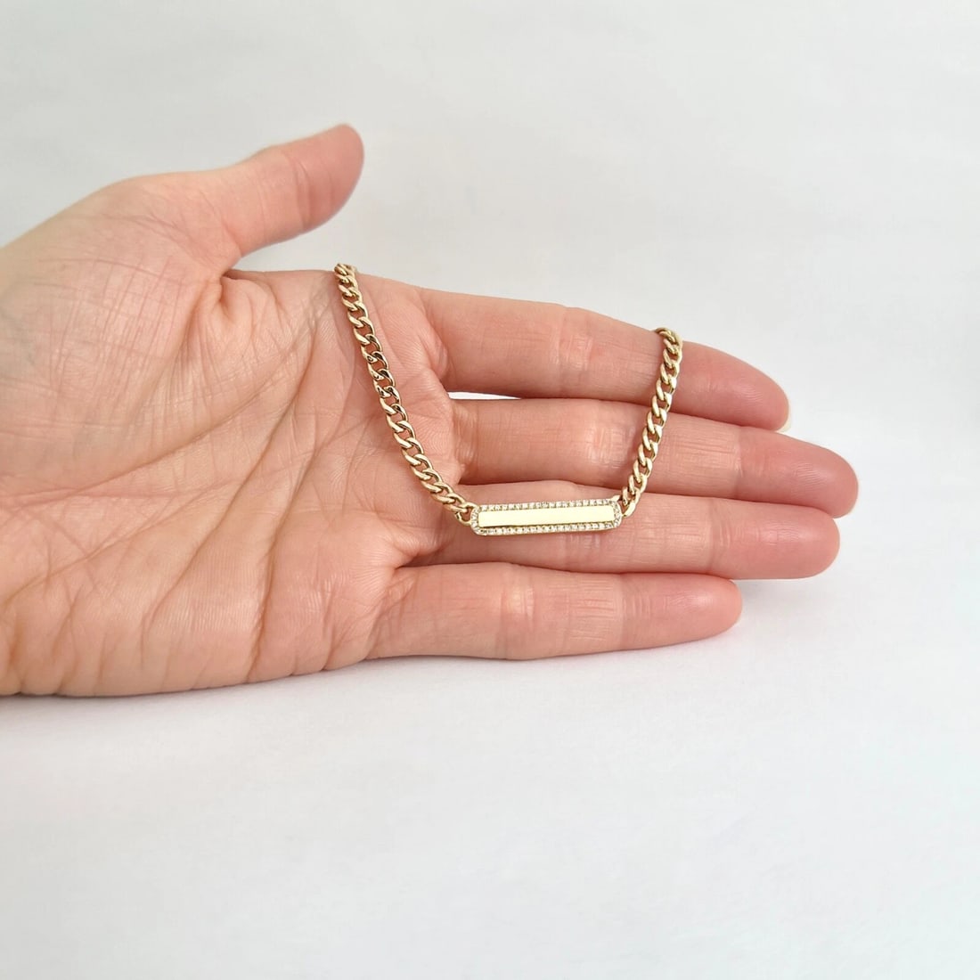 Diamond Bar Cuban Curb Chain Pendant Necklace 14K Yellow Gold .15 CTW - 2