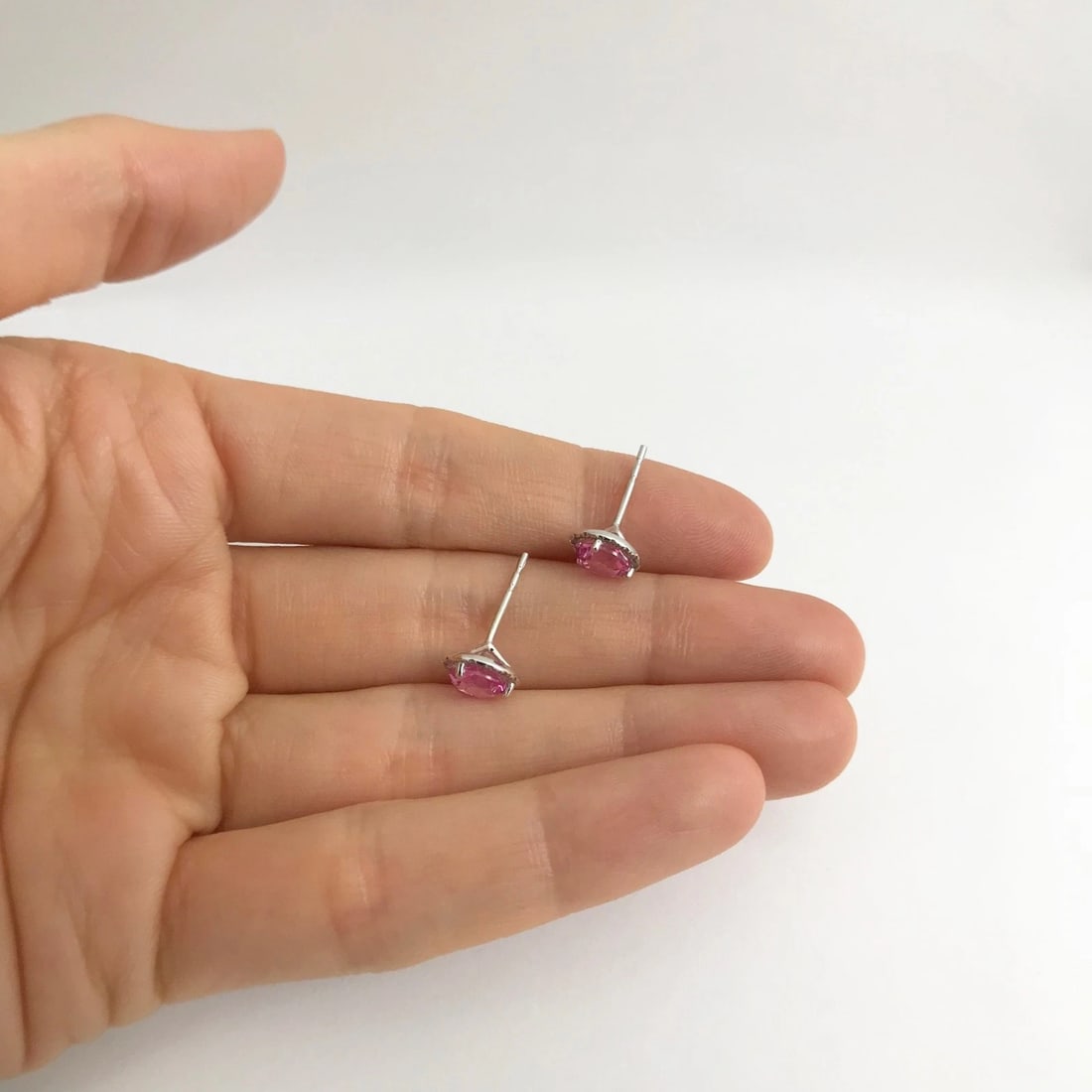 Round Pink Topaz Diamond Halo Gemstone Stud Earrings 14K White Gold, 2.34 CTW - 3