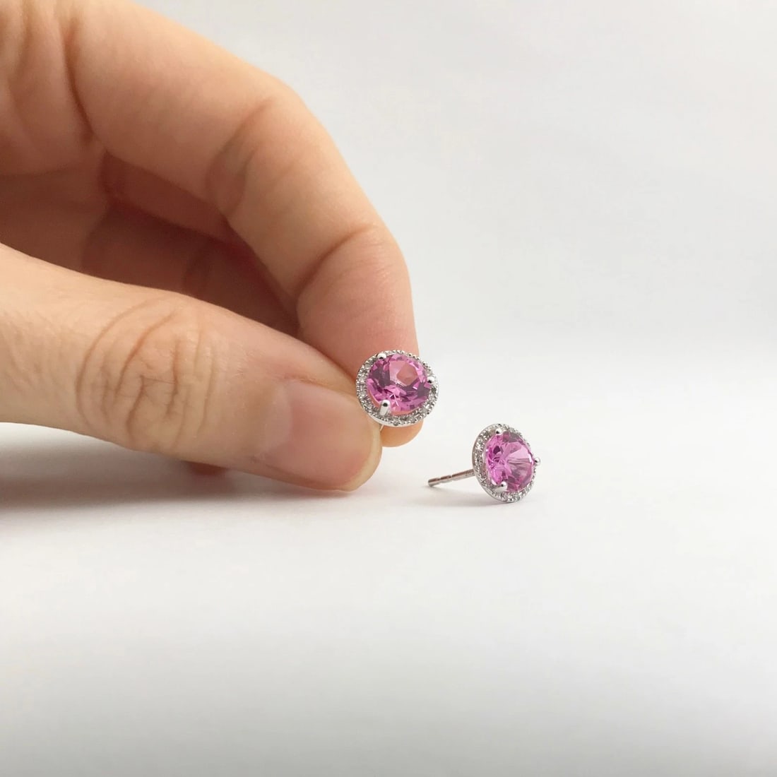 Round Pink Topaz Diamond Halo Gemstone Stud Earrings 14K White Gold, 2.34 CTW - 4