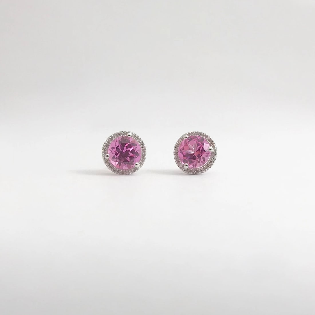 Round Pink Topaz Diamond Halo Gemstone Stud Earrings 14K White Gold, 2.34 CTW - 7
