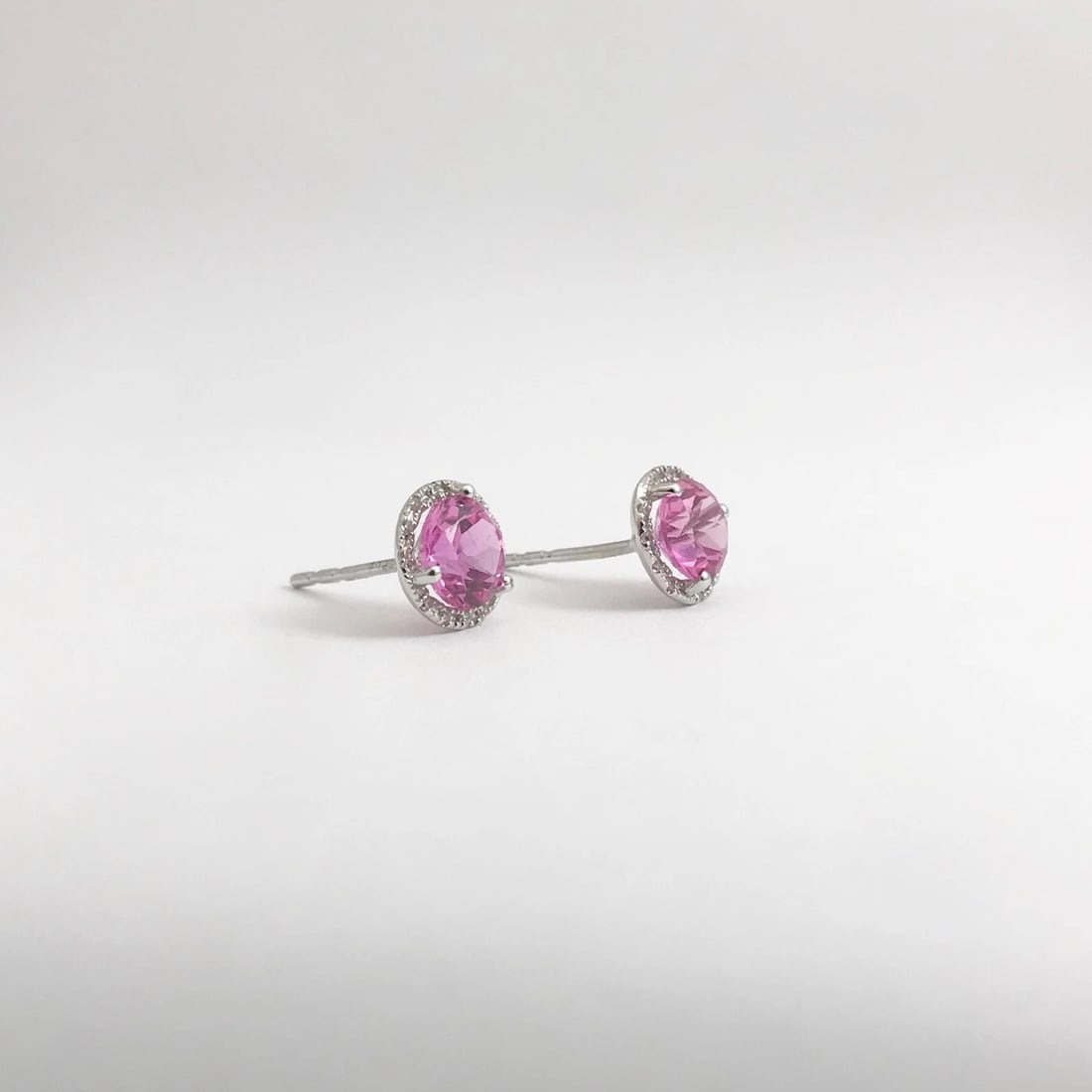 Round Pink Topaz Diamond Halo Gemstone Stud Earrings 14K White Gold, 2.34 CTW - 8