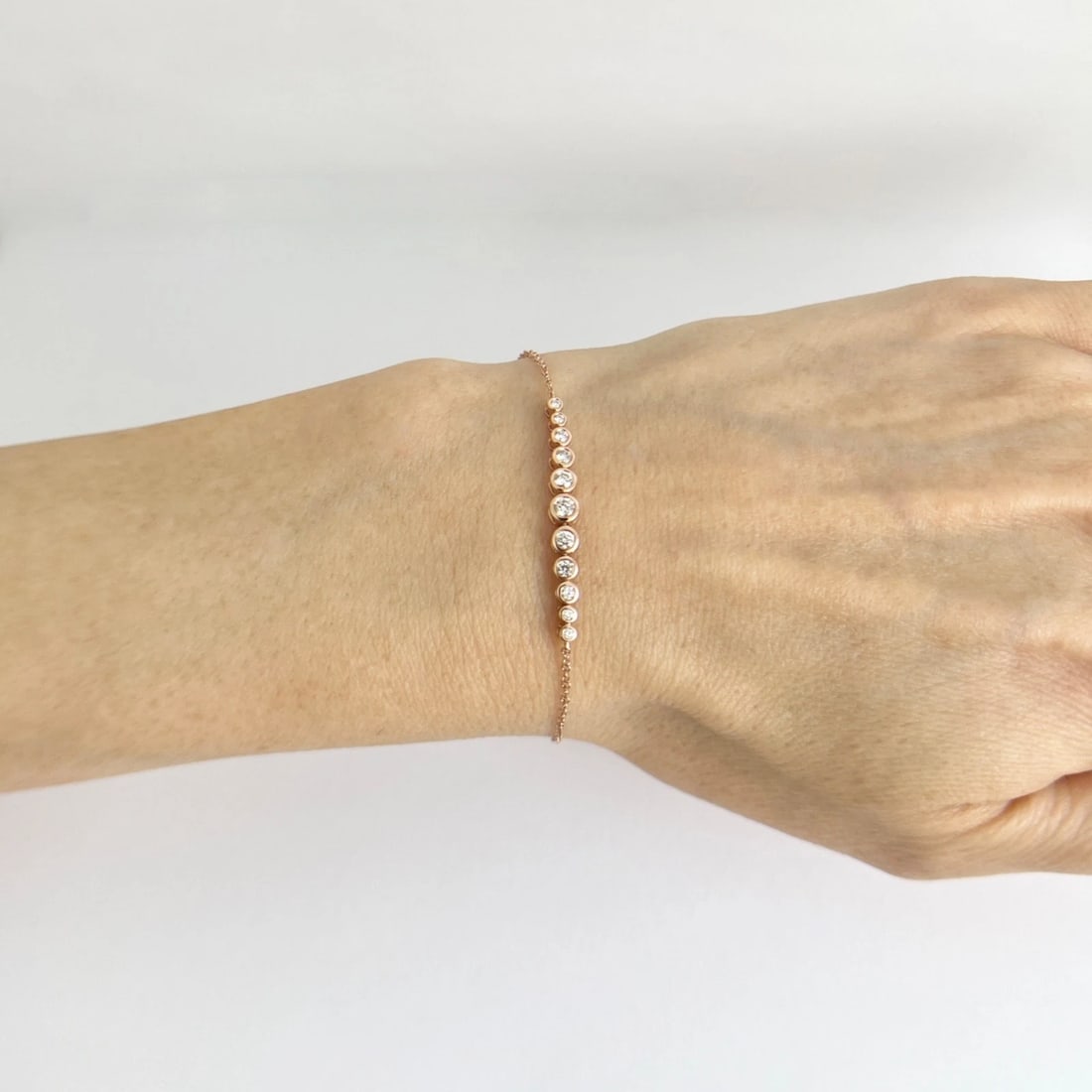 Round Graduated Diamond Bezel Pendant Chain Bracelet 14K Pink Rose Gold, .32 CTW - 2