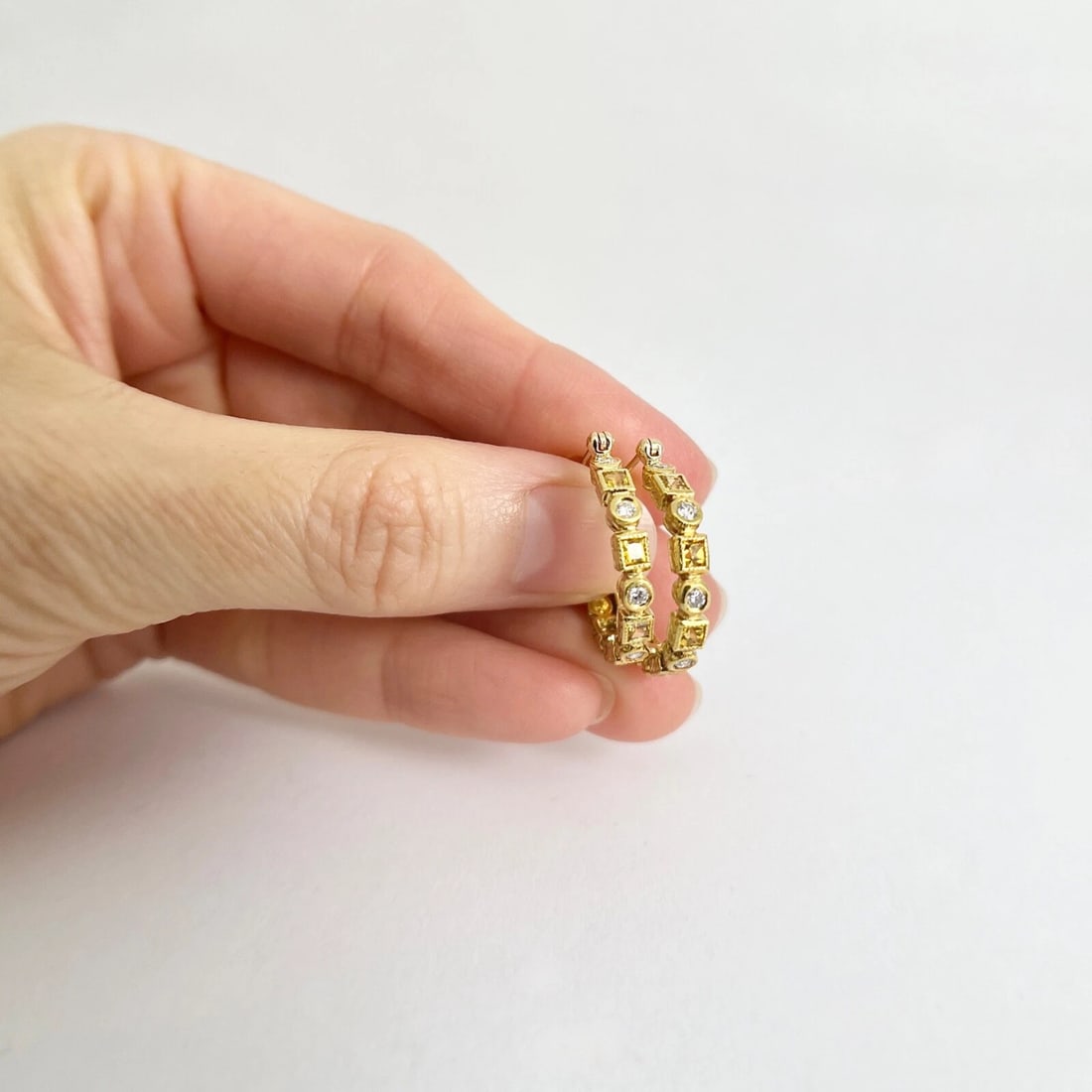 Princess Cut Yellow Sapphire Diamond Hoop Earrings 18K Yellow Gold, 1.10 CTW - 2