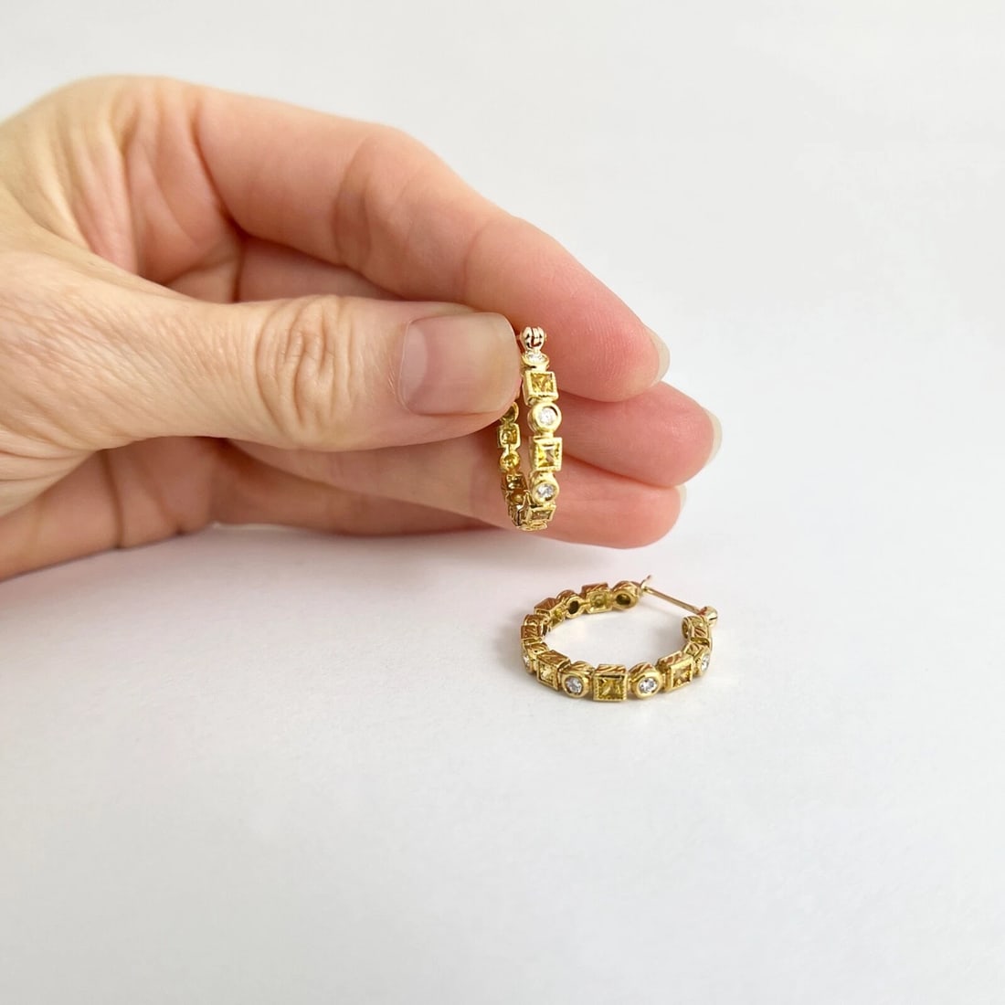 Princess Cut Yellow Sapphire Diamond Hoop Earrings 18K Yellow Gold, 1.10 CTW - 5