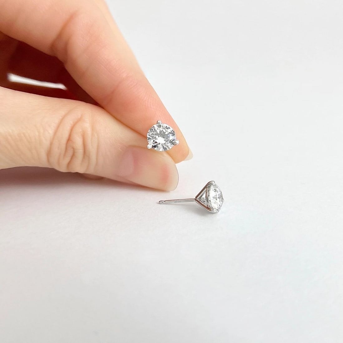 Round Lab-Created Diamond Stud Earrings 14K White Gold 3-Prong Martini, 2.19 CTW - 3