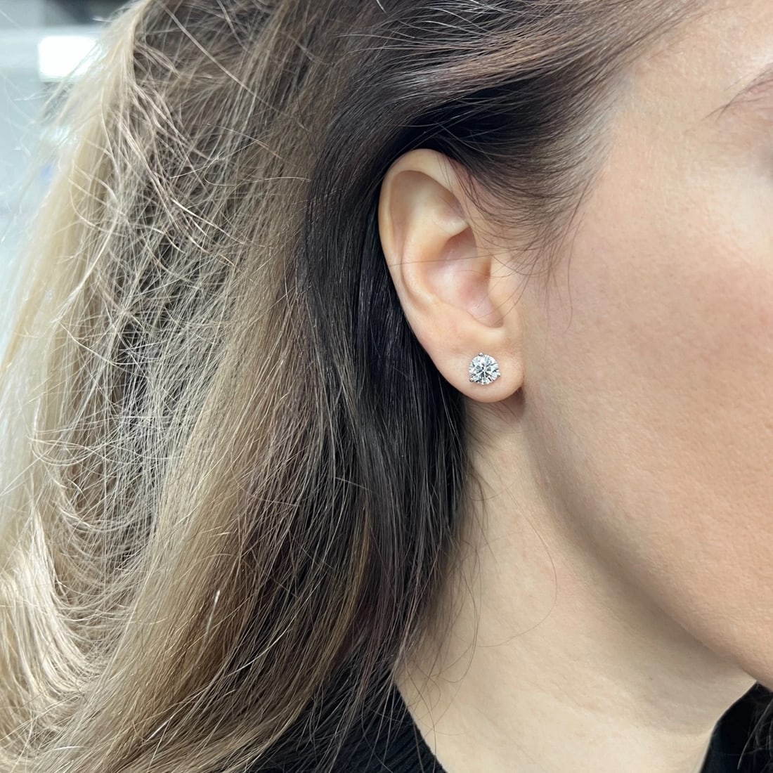 Round Lab-Created Diamond Stud Earrings 14K White Gold 3-Prong Martini, 2.19 CTW - 4