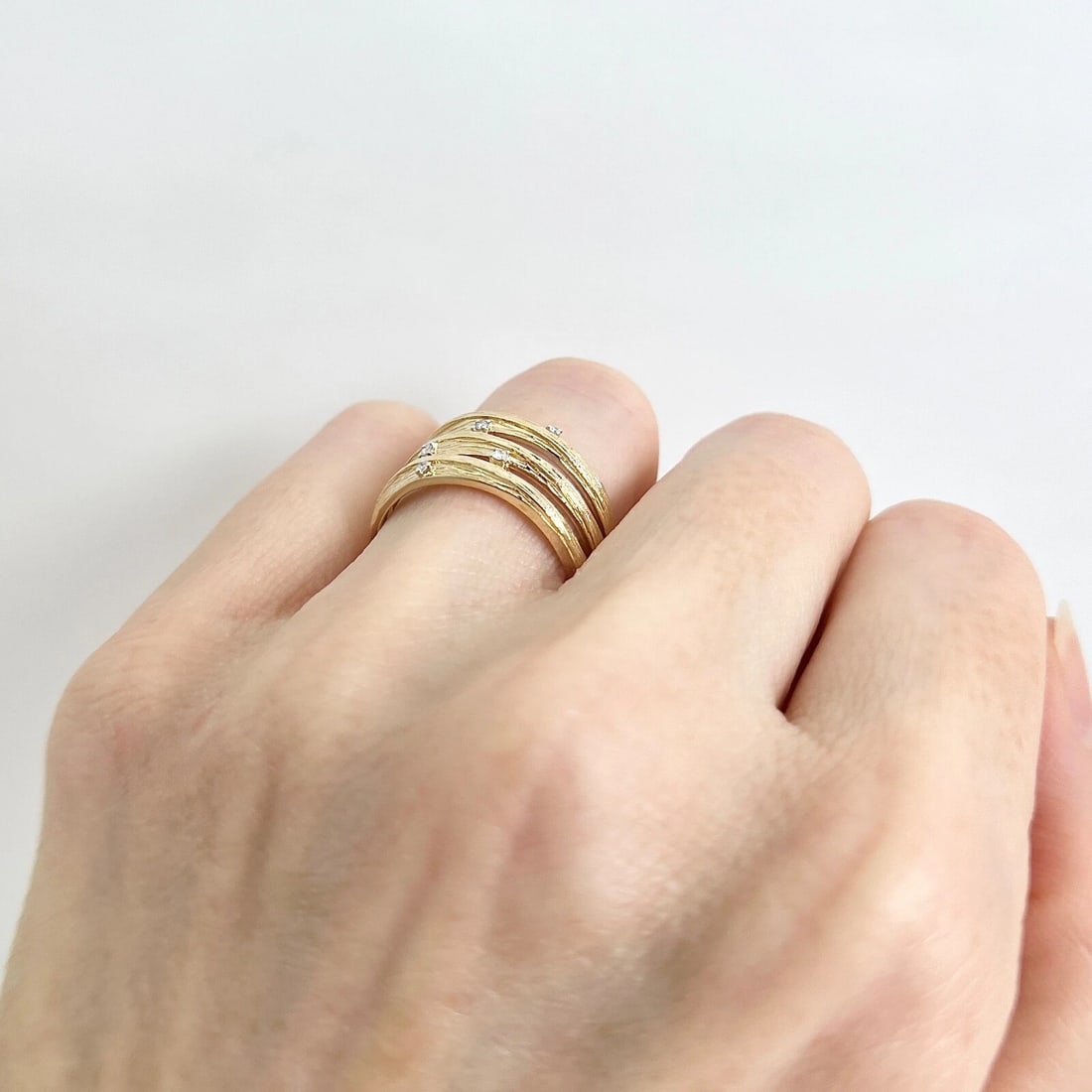 Wide Diamond Speckled Bark Statement Band Ring 14K Yellow Gold .03 CTW - 5