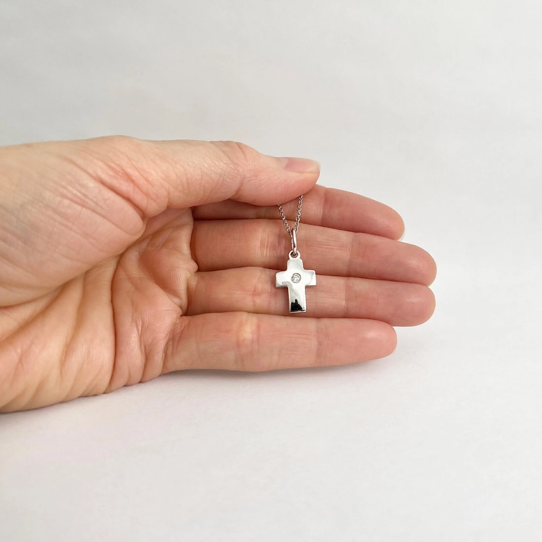 Solitaire Diamond Cross Religious Pendant Necklace 14K White Gold, .05 CT - 2