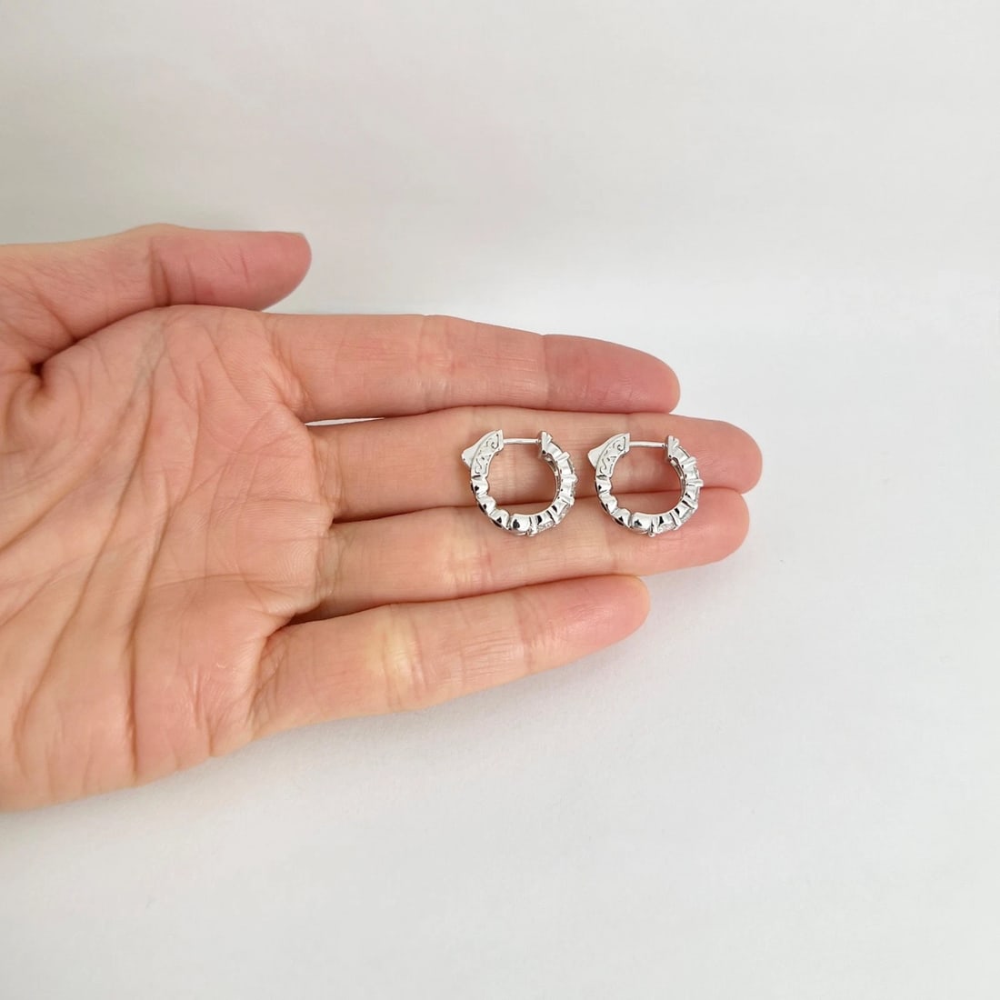 Round Diamond Small Hoop Huggie Earrings 14K White Gold, 1.60 CTW - 3