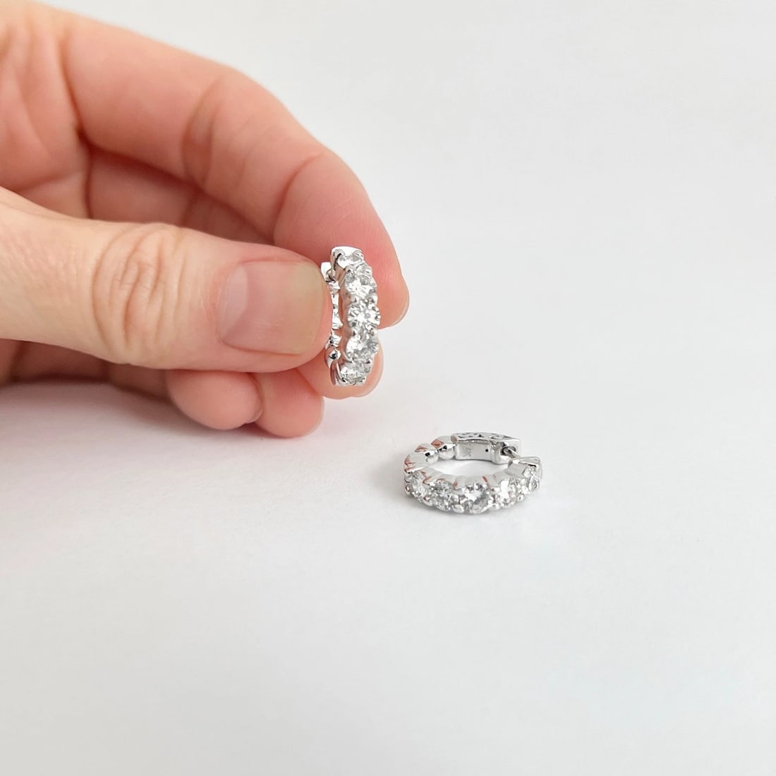 Round Diamond Small Hoop Huggie Earrings 14K White Gold, 1.60 CTW - 4