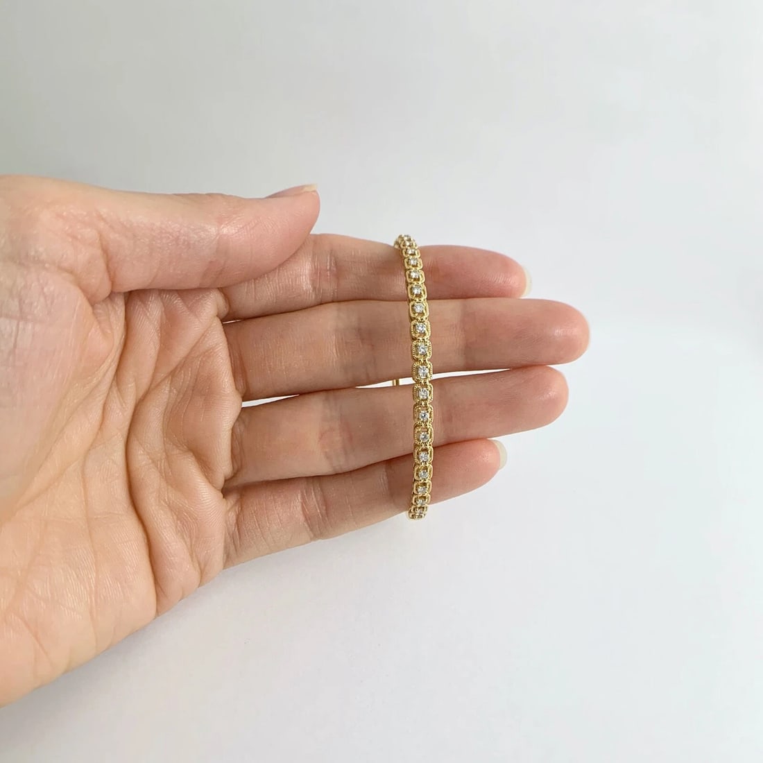 Milgrain Halo Diamond Bangle Bracelet 18K Yellow Gold, .59 CTW, 10.07 Grams - 2