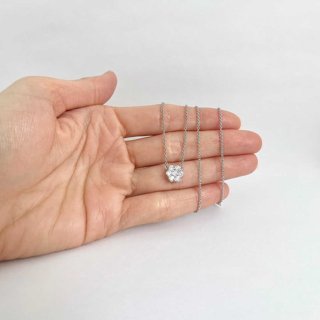 Round Cluster Flower Diamond Pendant Necklace 14K White Gold .70 CTW - 2