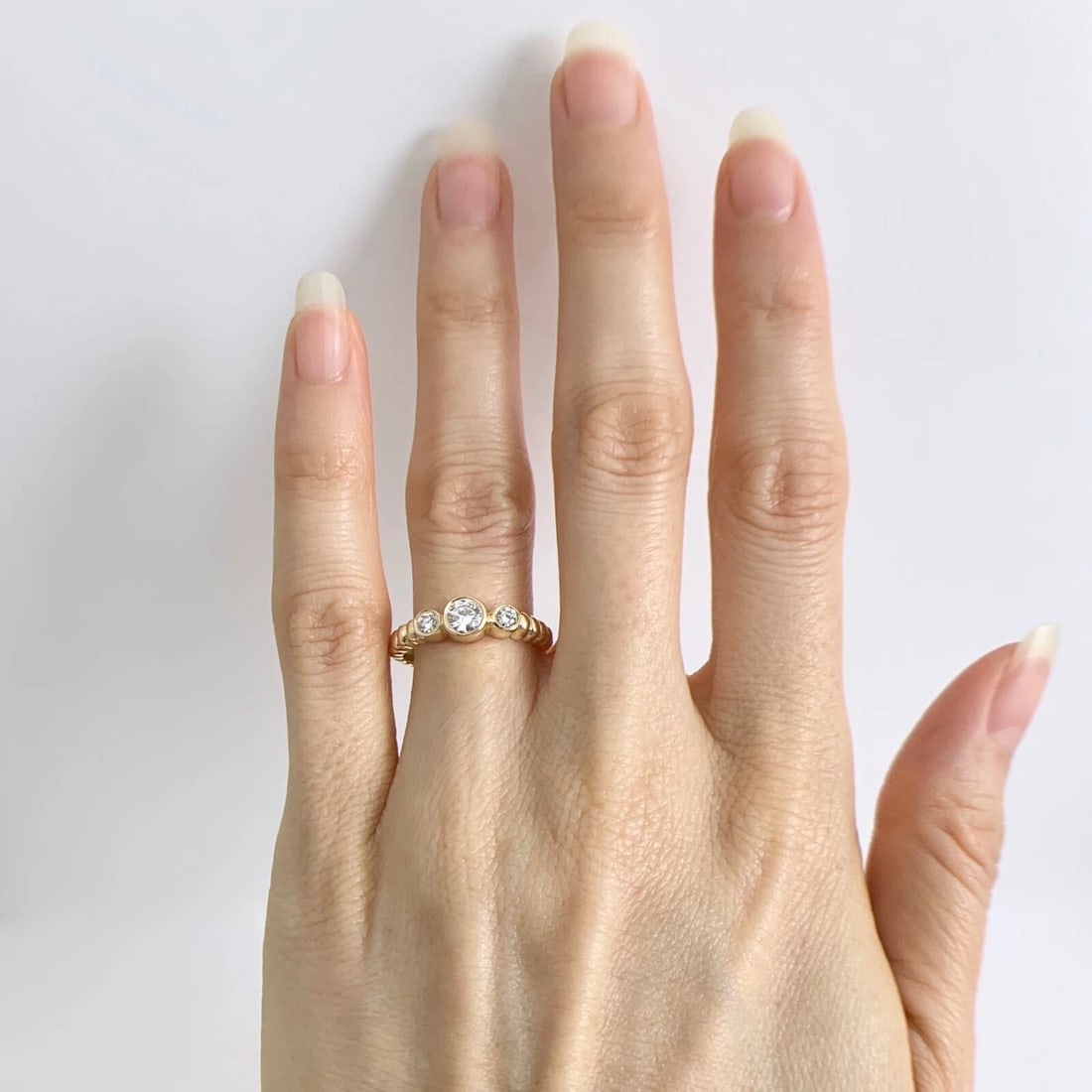 3-Stone Round Bezel Set Diamond Ribbed Ring 14K Yellow Gold .45 CTW - 2