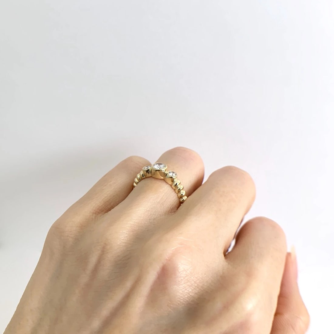 3-Stone Round Bezel Set Diamond Ribbed Ring 14K Yellow Gold .45 CTW - 5