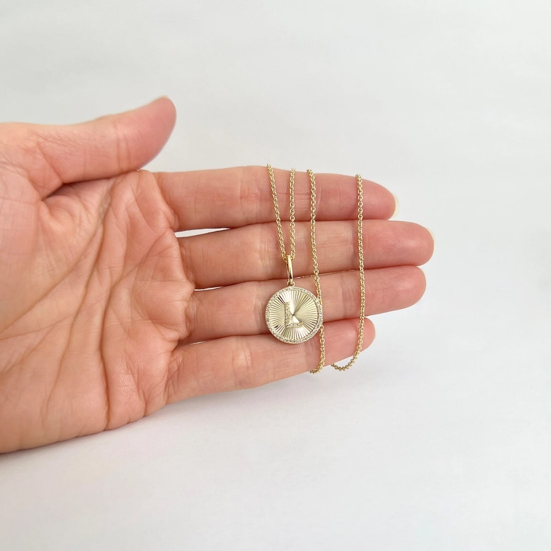 Letter L Initial Diamond Fluted Disc Pendant Necklace 14K Yellow Gold .12 CTW - 2