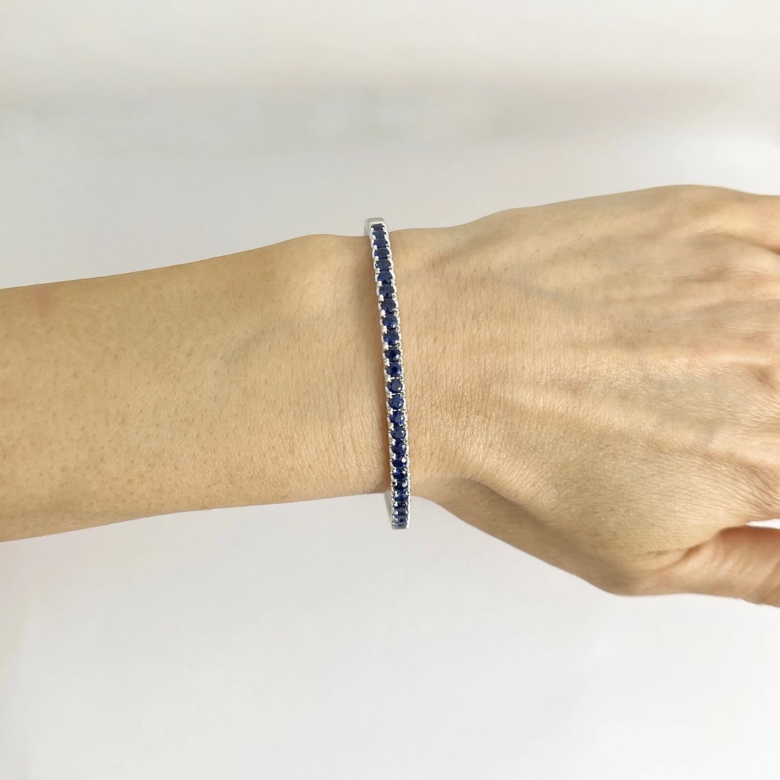 Blue Sapphire Gemstone Bangle Bracelet 14K White Gold, 2.20 CTW - 2