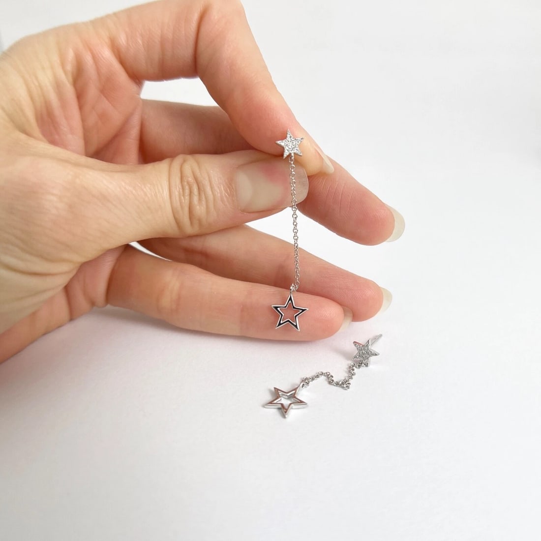 Pave Diamond Star Chain Dangle Drop Hanging Earrings 14K White Gold, 2 Inches - 3