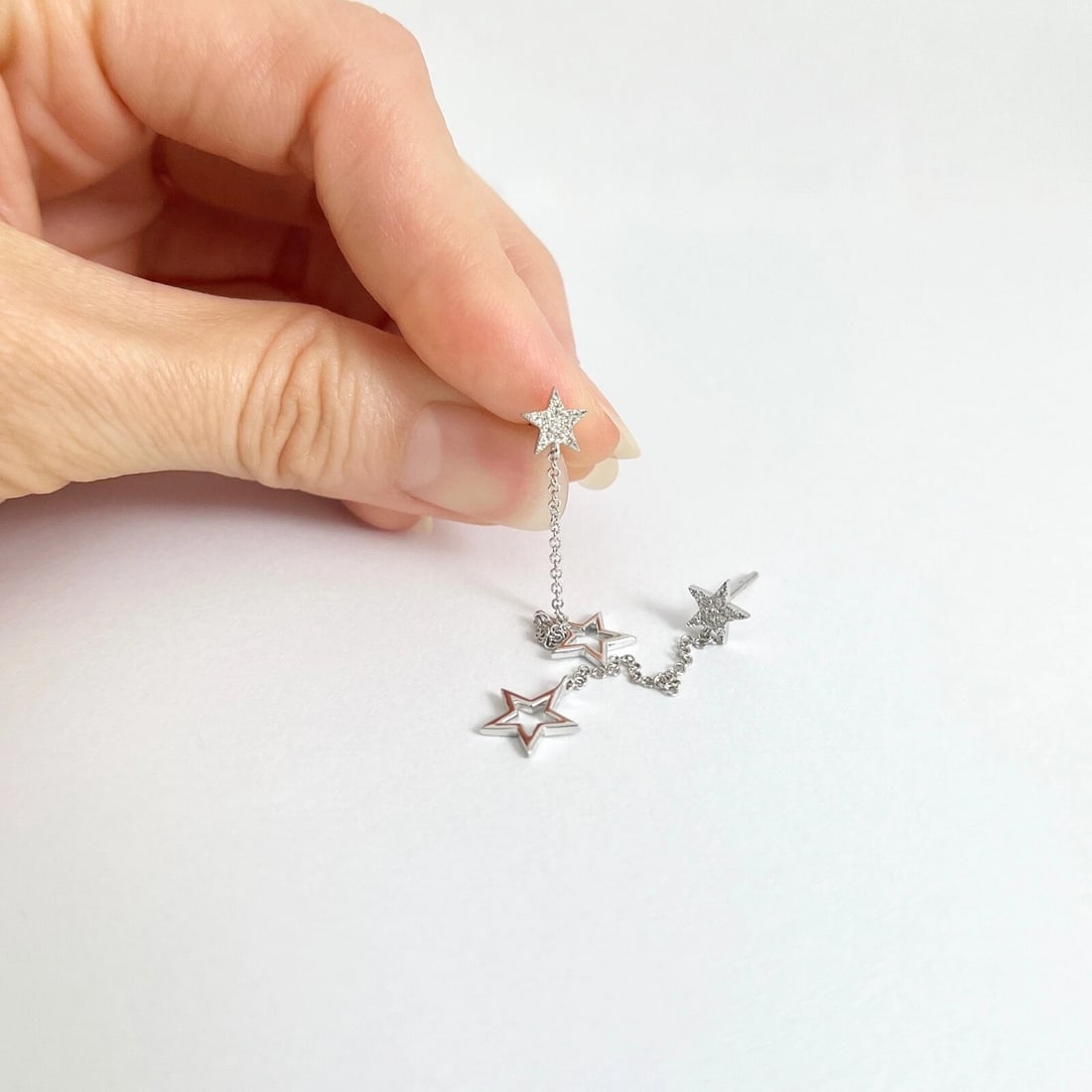 Pave Diamond Star Chain Dangle Drop Hanging Earrings 14K White Gold, 2 Inches - 4