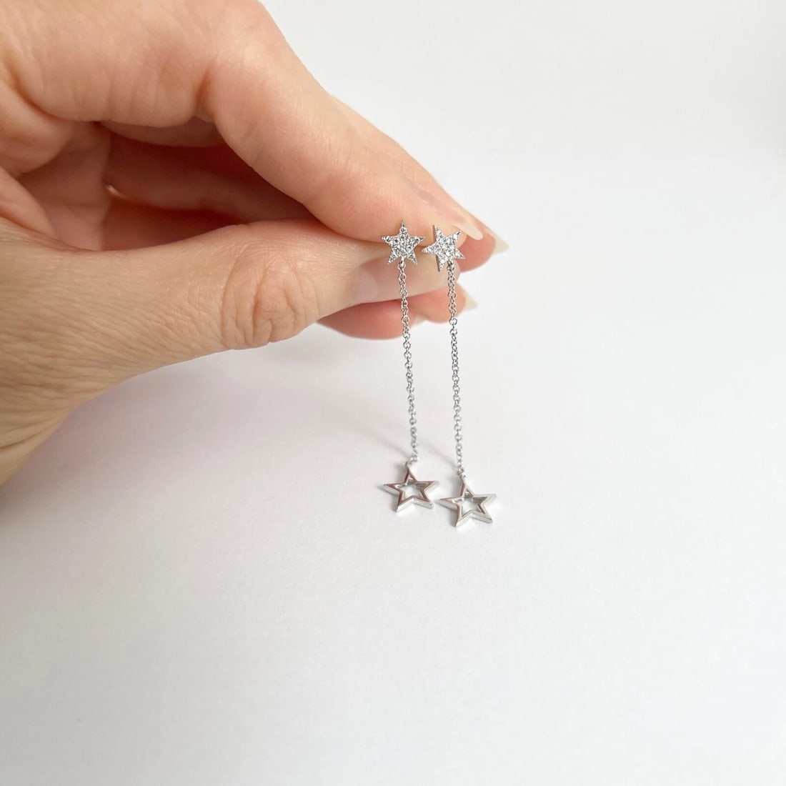 Pave Diamond Star Chain Dangle Drop Hanging Earrings 14K White Gold, 2 Inches - 5