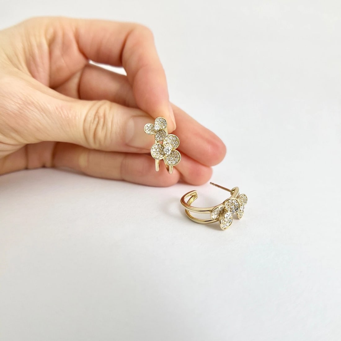 Pave Diamond Flower Floral Drop Hoop Earrings 14K Yellow Gold .65 CTW - 4