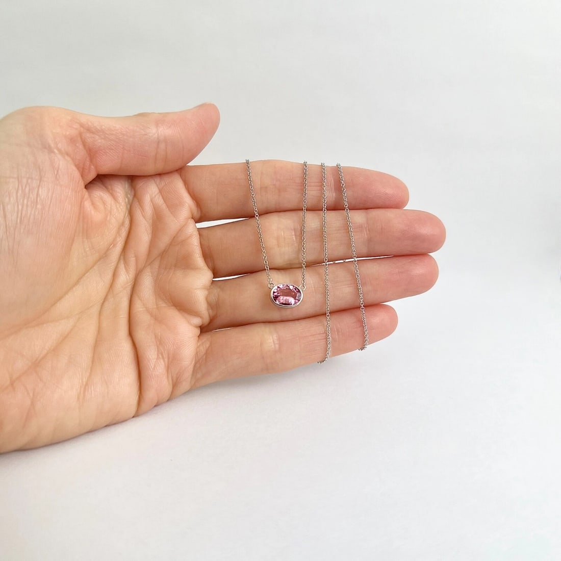 Oval Pink Tourmaline Gemstone Solitaire Pendant Necklace 14K White Gold 1.14 CT - 2