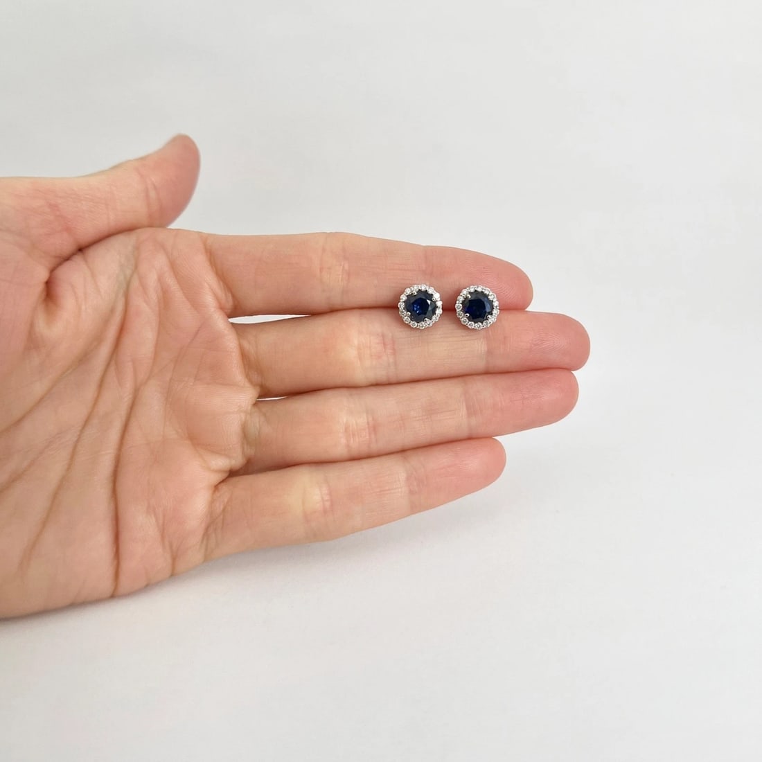 Round Blue Sapphire Diamond Halo Stud Earrings 14K White Gold, 1.97 CTW - 2