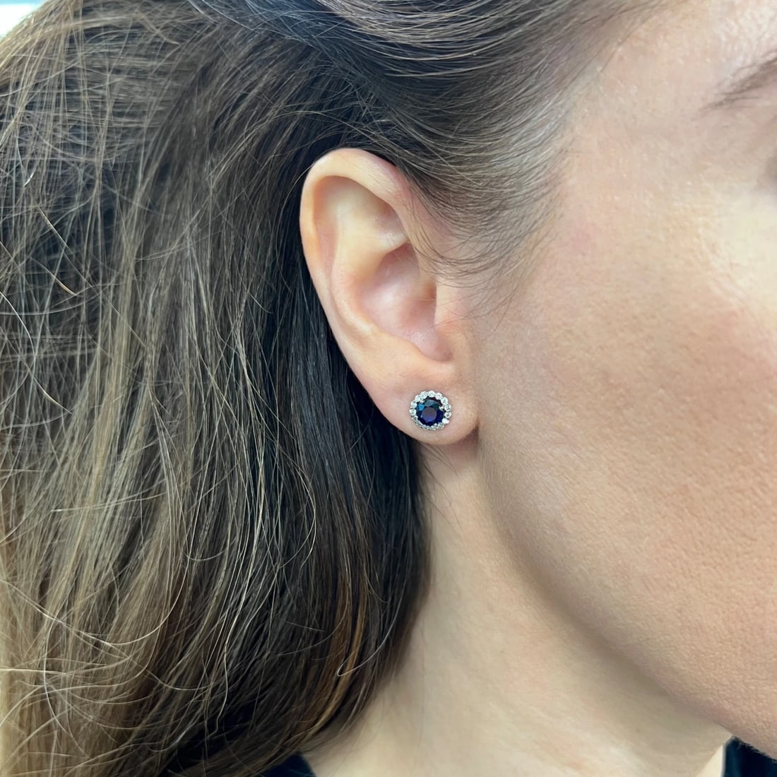 Round Blue Sapphire Diamond Halo Stud Earrings 14K White Gold, 1.97 CTW - 4