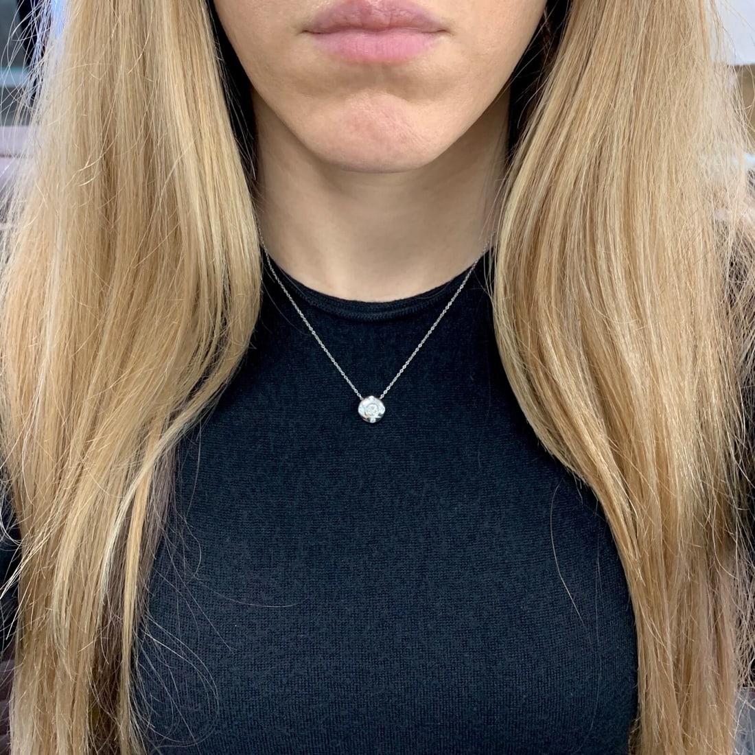 Diamond Burnished Bezel Halo Pendant Necklace 14K White Gold .60 CTW, 16 Inches - 4