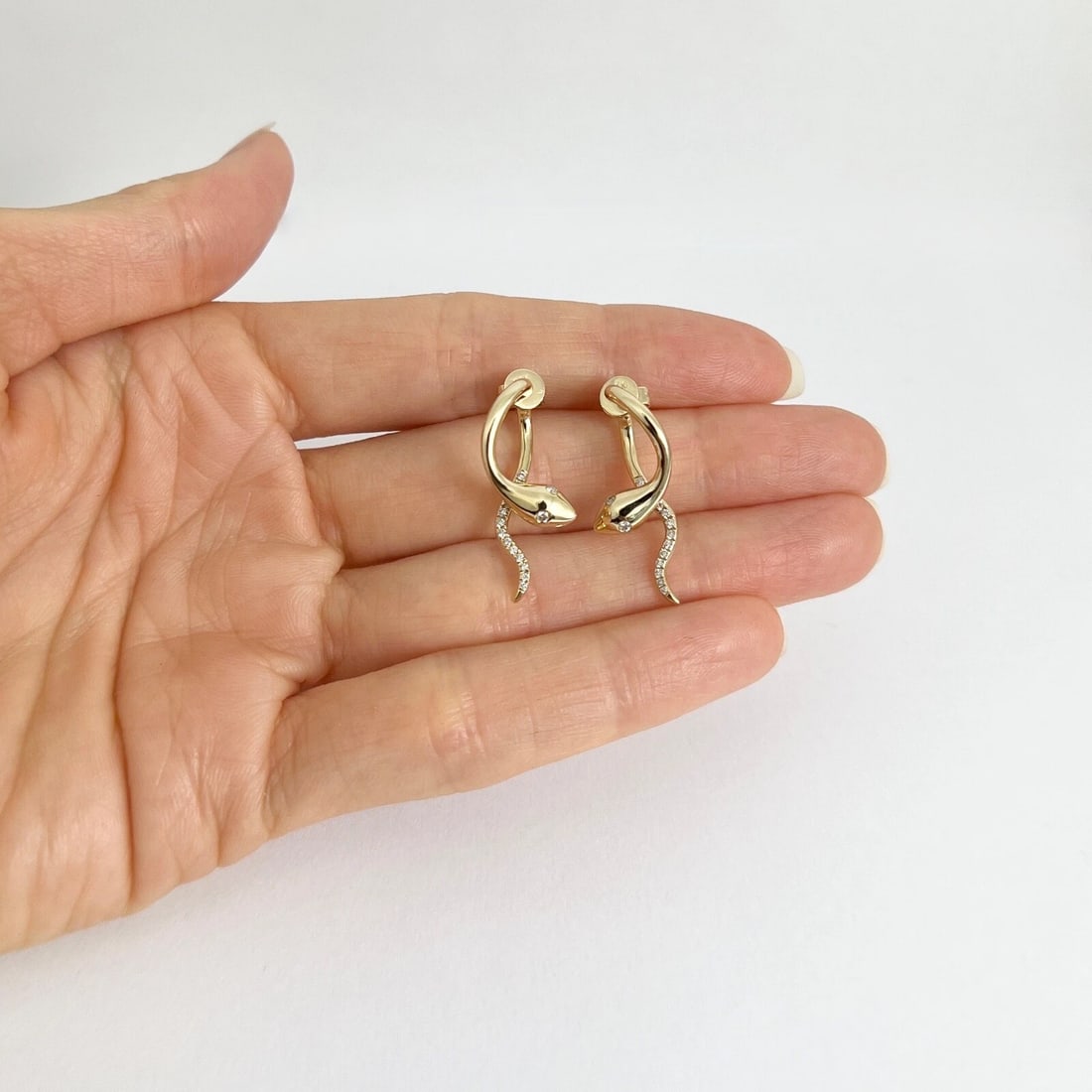 Diamond Eye Snake Front-Back Dangle Drop Earrings 14K Yellow Gold, 1 Inch - 2