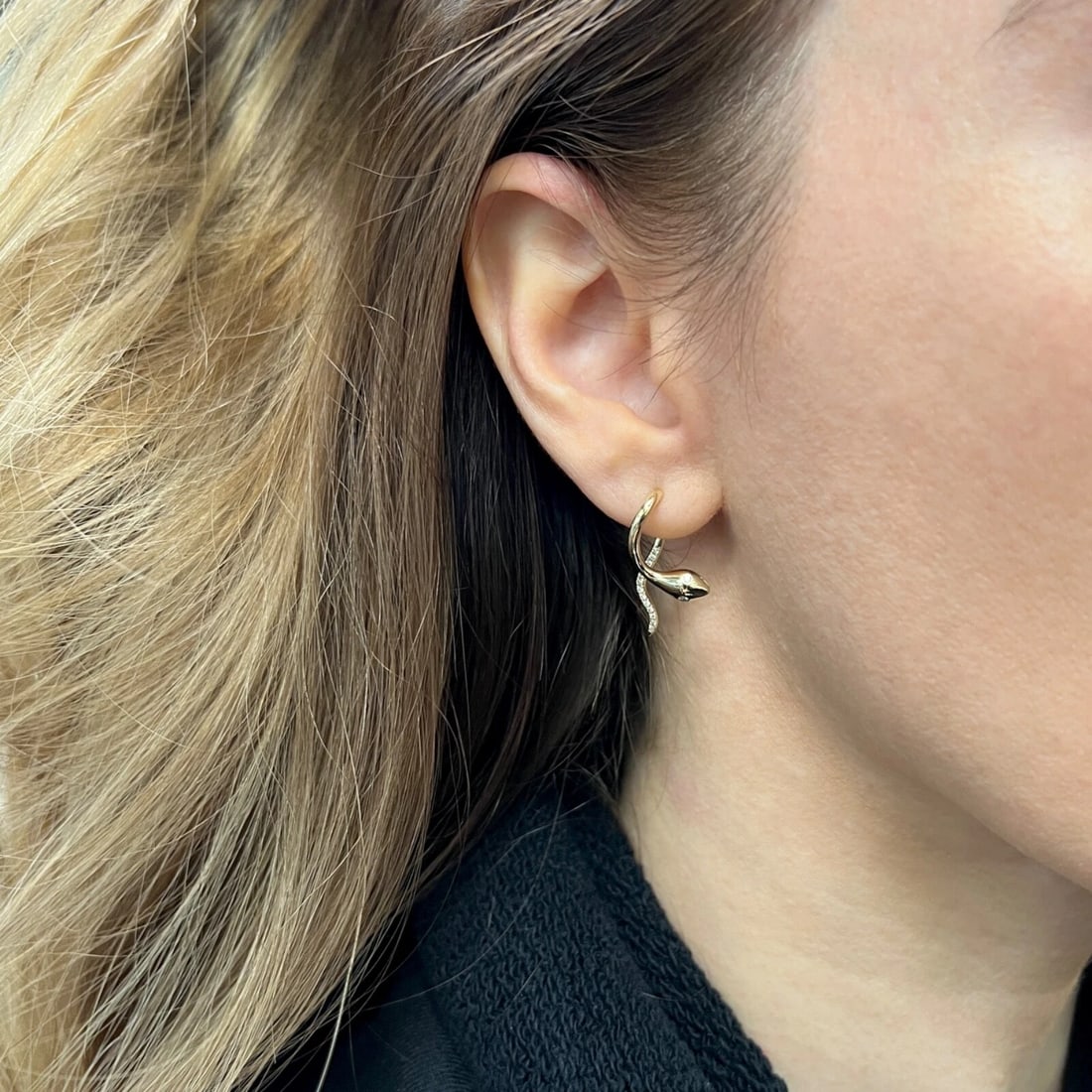 Diamond Eye Snake Front-Back Dangle Drop Earrings 14K Yellow Gold, 1 Inch - 3