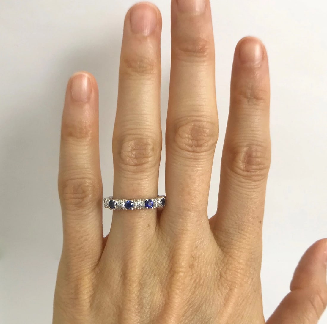 Blue Sapphire and Diamond Eternity Band Ring 14K White Gold, 1.30 CTW, Size 4.75 - 2