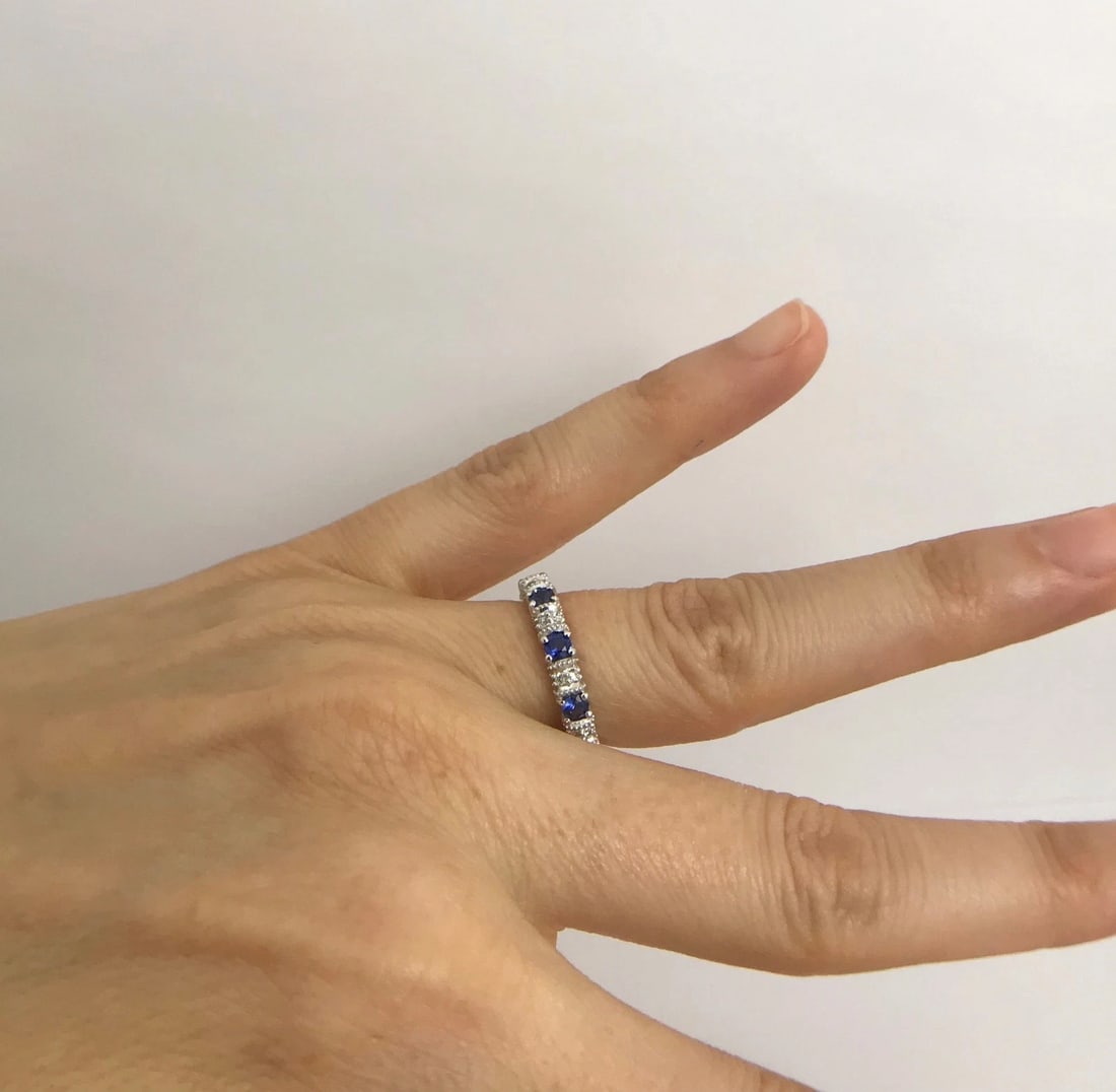 Blue Sapphire and Diamond Eternity Band Ring 14K White Gold, 1.30 CTW, Size 4.75 - 5