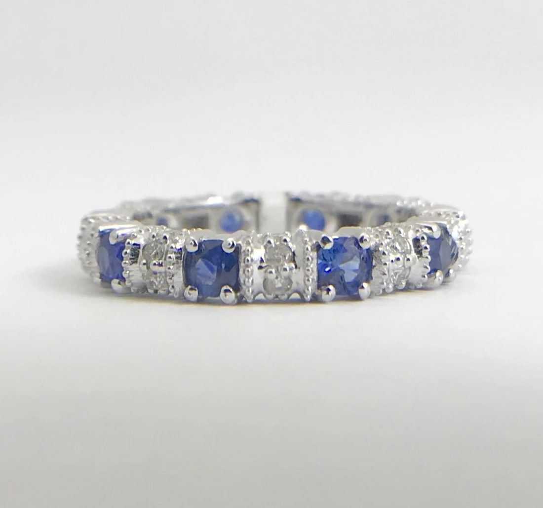 Blue Sapphire and Diamond Eternity Band Ring 14K White Gold, 1.30 CTW, Size 4.75 - 7