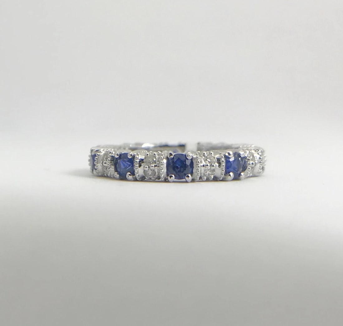 Blue Sapphire and Diamond Eternity Band Ring 14K White Gold, 1.30 CTW, Size 4.75 - 8