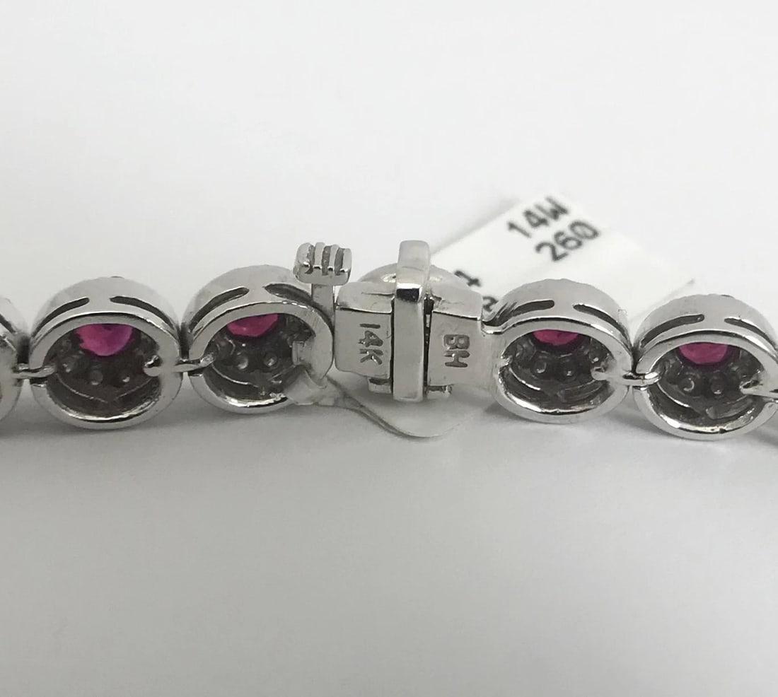 Bezel Set Ruby with Diamond Halo Bracelet 14K White Gold, 7.02 CTW, 21.43 grams - 10