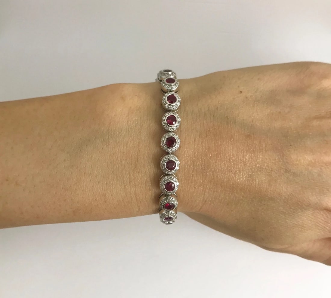 Bezel Set Ruby with Diamond Halo Bracelet 14K White Gold, 7.02 CTW, 21.43 grams - 2